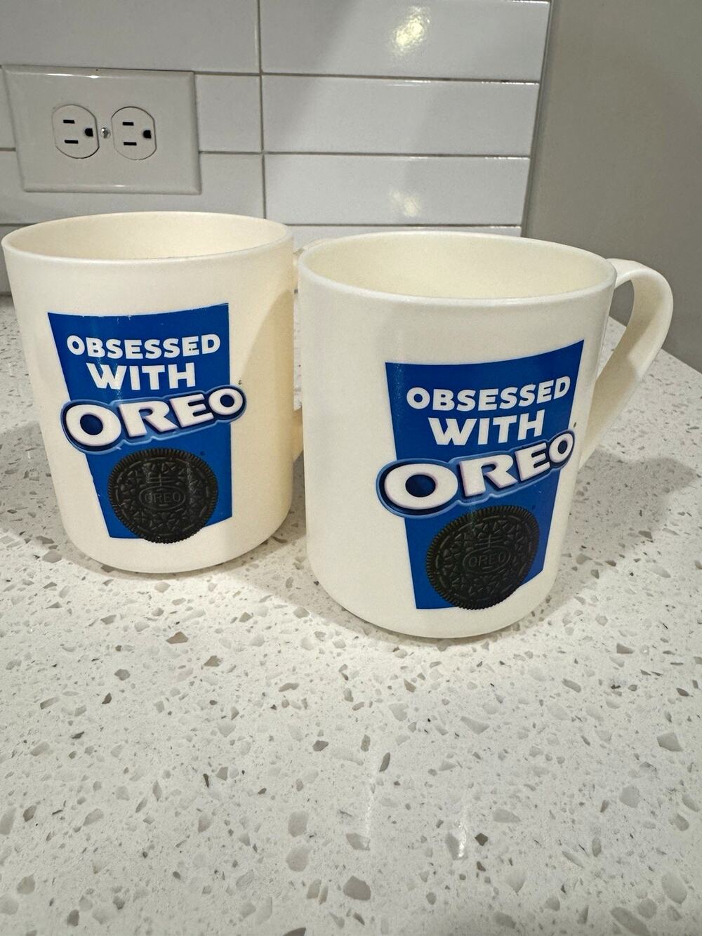 Oreo Set of 2 "Obsessed With OREO" White Coffee Mugs, Blue & Black Plastic